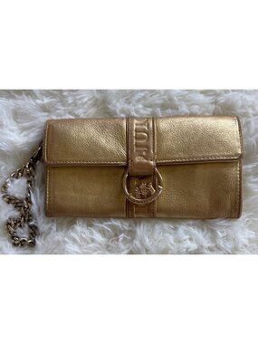 Juicy Couture Gold Clutch Wallet Y2K Glam Crest Charm “Have a Juicy Day” Vintage